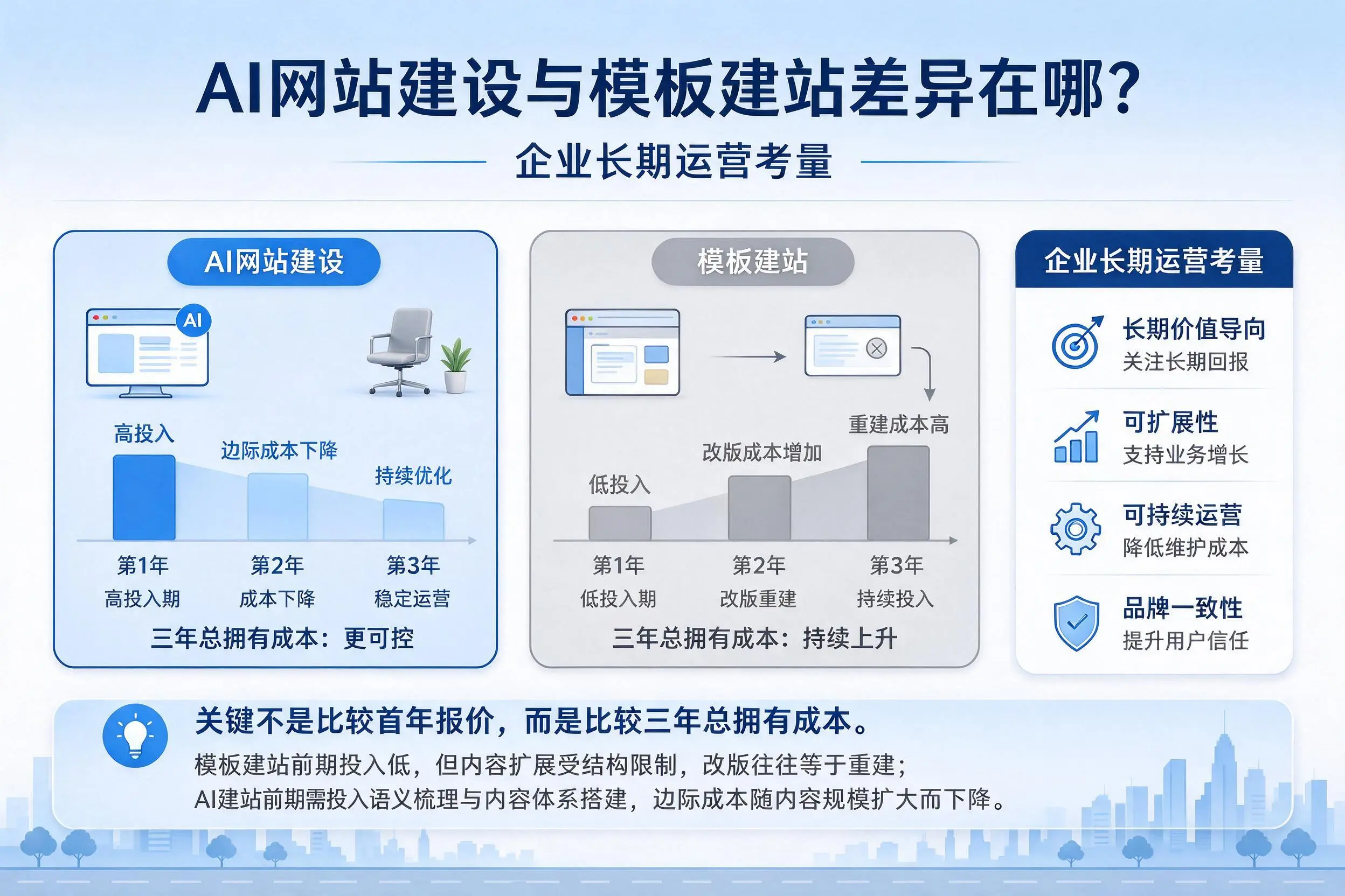 AI网站建设与模板建站差异在哪?百色企业长期运营考量